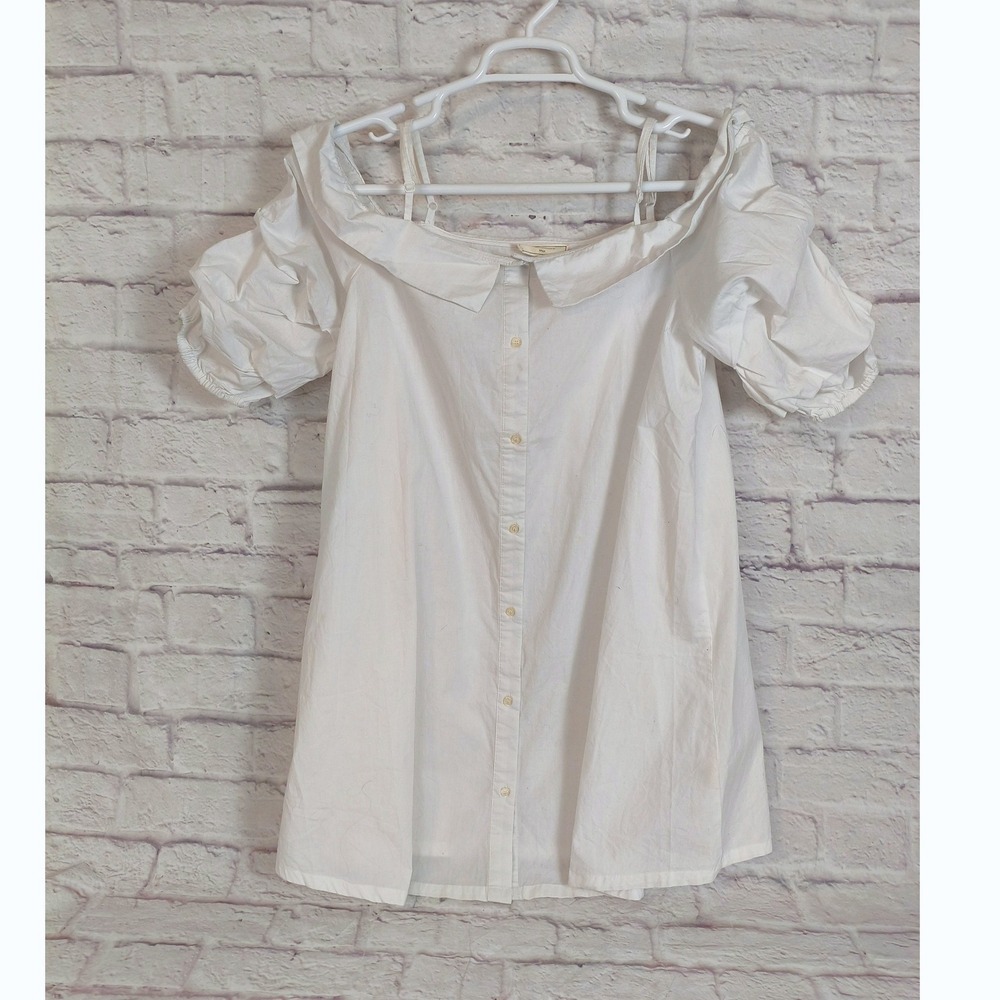 No Comment White Cold Shoulder Ruffle Sleeve Button Down Mini Dress